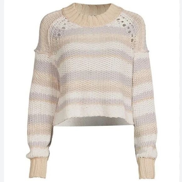 Free People Devon Open Knit Crewneck Cropped Sweater Neutral Stripes Medium - Picture 11 of 14